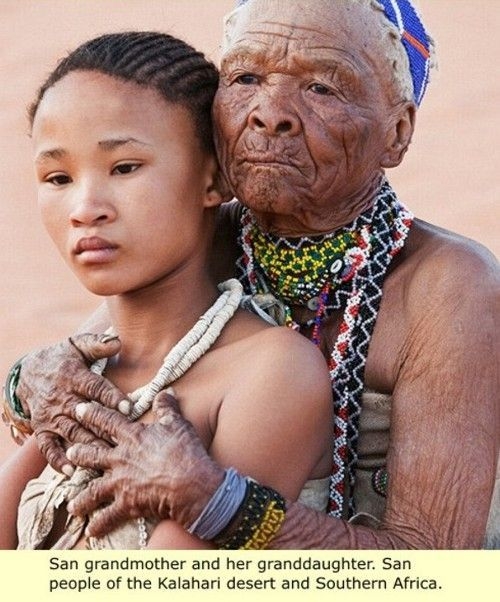Grand -mère et sa petite fille : tribu San du désert de Kalahari : Afrique du Sud 
