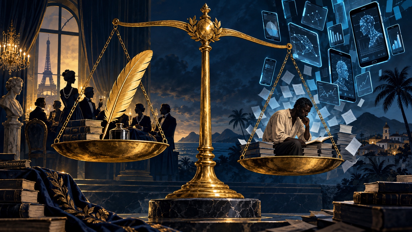 Balance de justice fragmentée par des lignes de code et des regards soupçonneux.