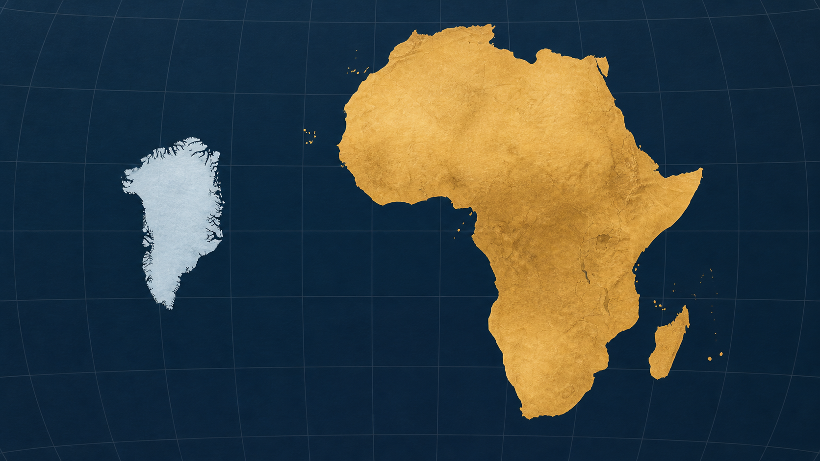 Silhouettes de l’Afrique et du Groenland à la même échelle, montrant l’Afrique très largement plus vaste.