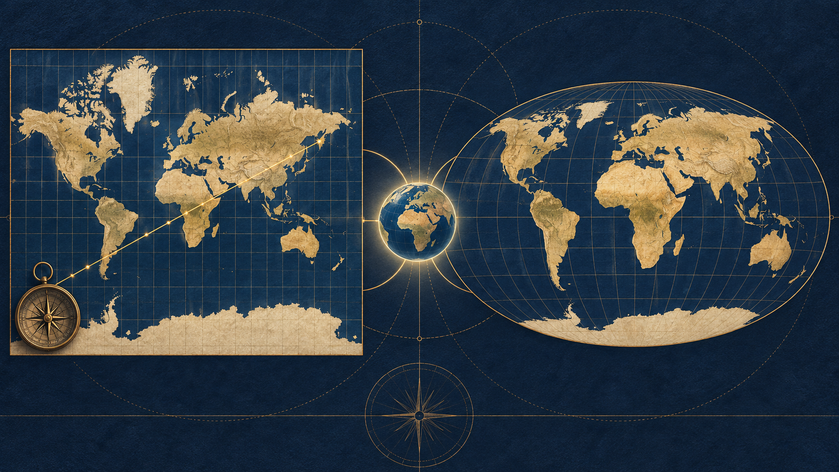 Un planisphère Mercator rectangulaire avec une route de navigation, comparé à une projection ovale à superficies respectées, reliés par un globe.