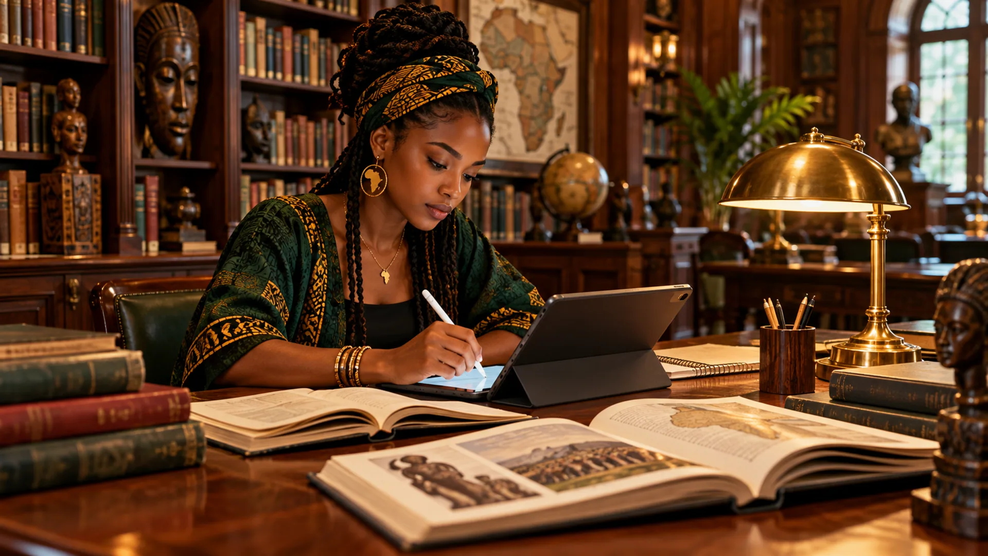 Une étudiante afro-caribéenne étudie l’histoire africaine et caribéenne dans une bibliothèque.
