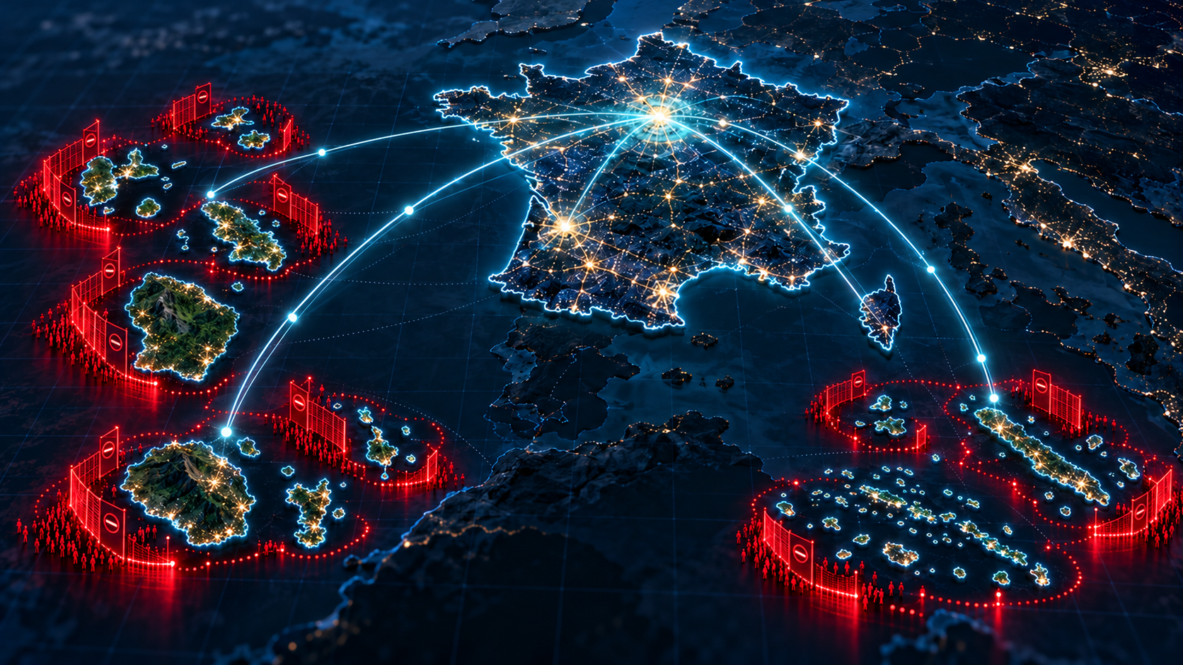 Vue satellite nocturne reliant la France aux territoires ultramarins dans une représentation des inégalités liées à Parcoursup.