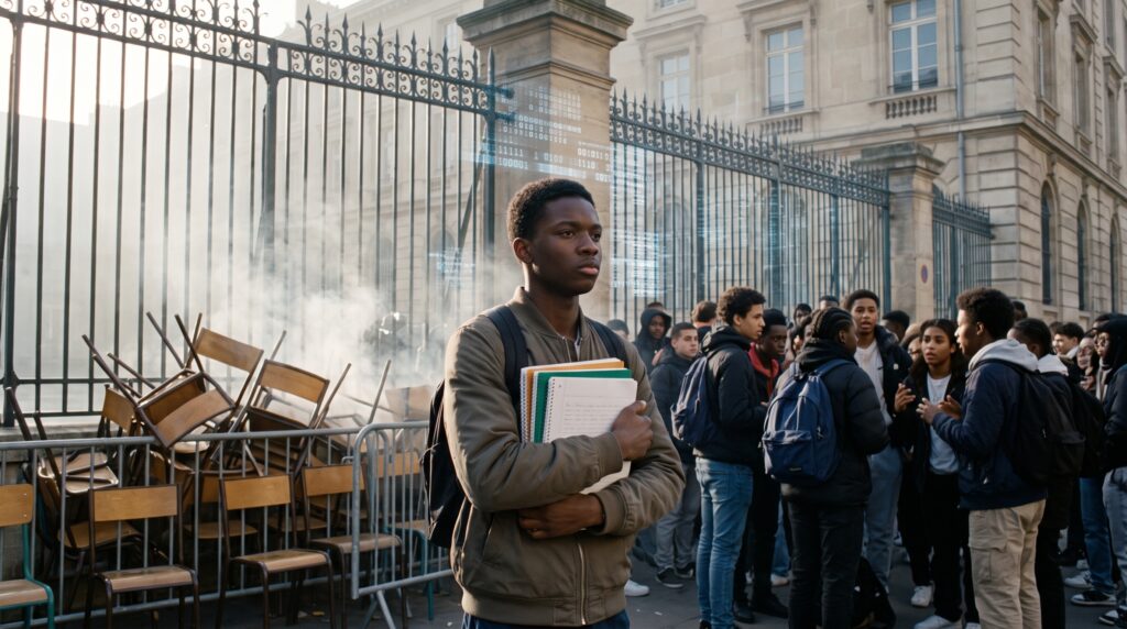 Un lycéen noir devant un établissement scolaire bloqué, symbole du tri scolaire et des inégalités face à Parcoursup.