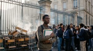 Un lycéen noir devant un établissement scolaire bloqué, symbole du tri scolaire et des inégalités face à Parcoursup.