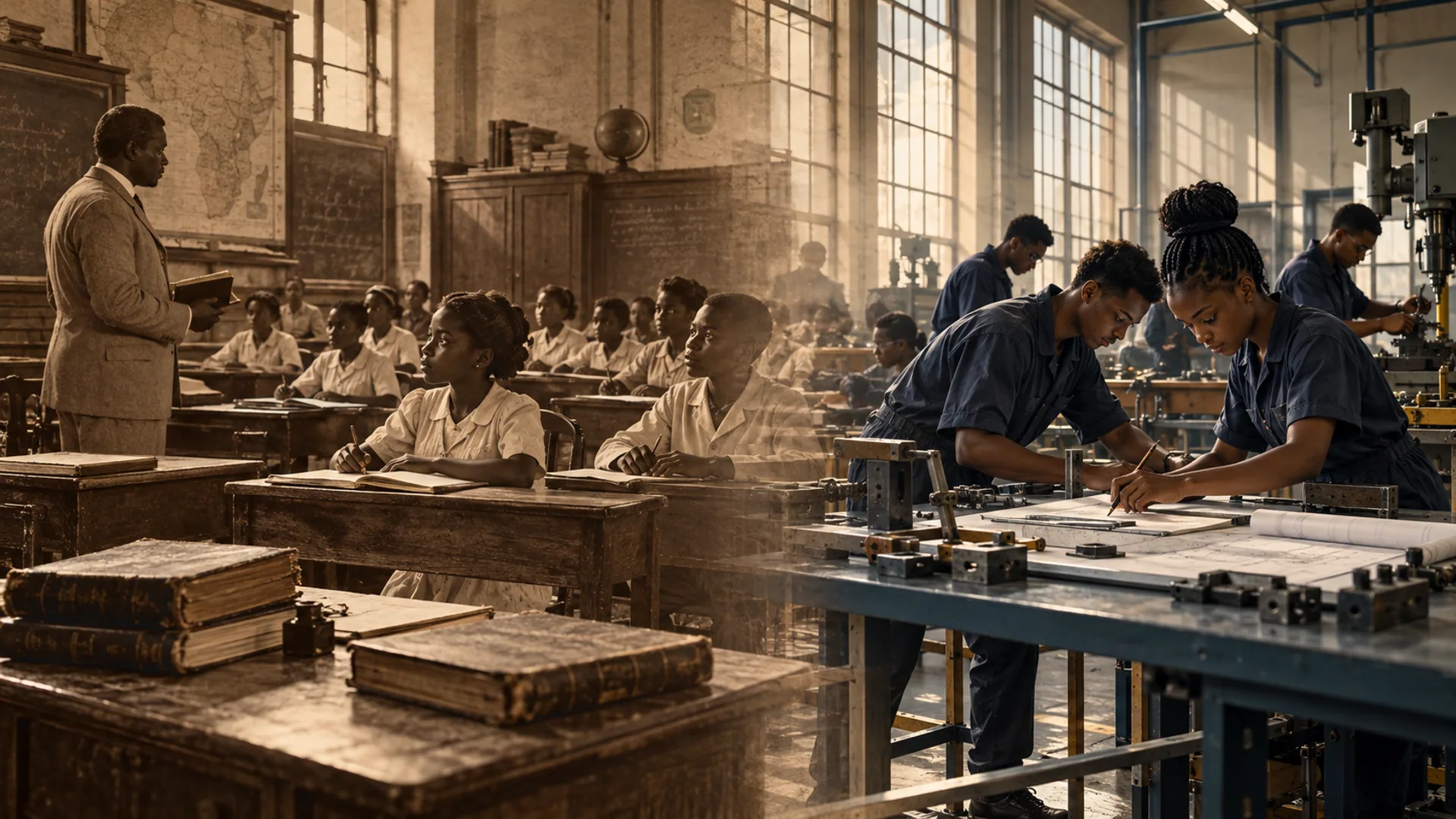Une salle de classe coloniale se fond dans un atelier de lycée professionnel contemporain.