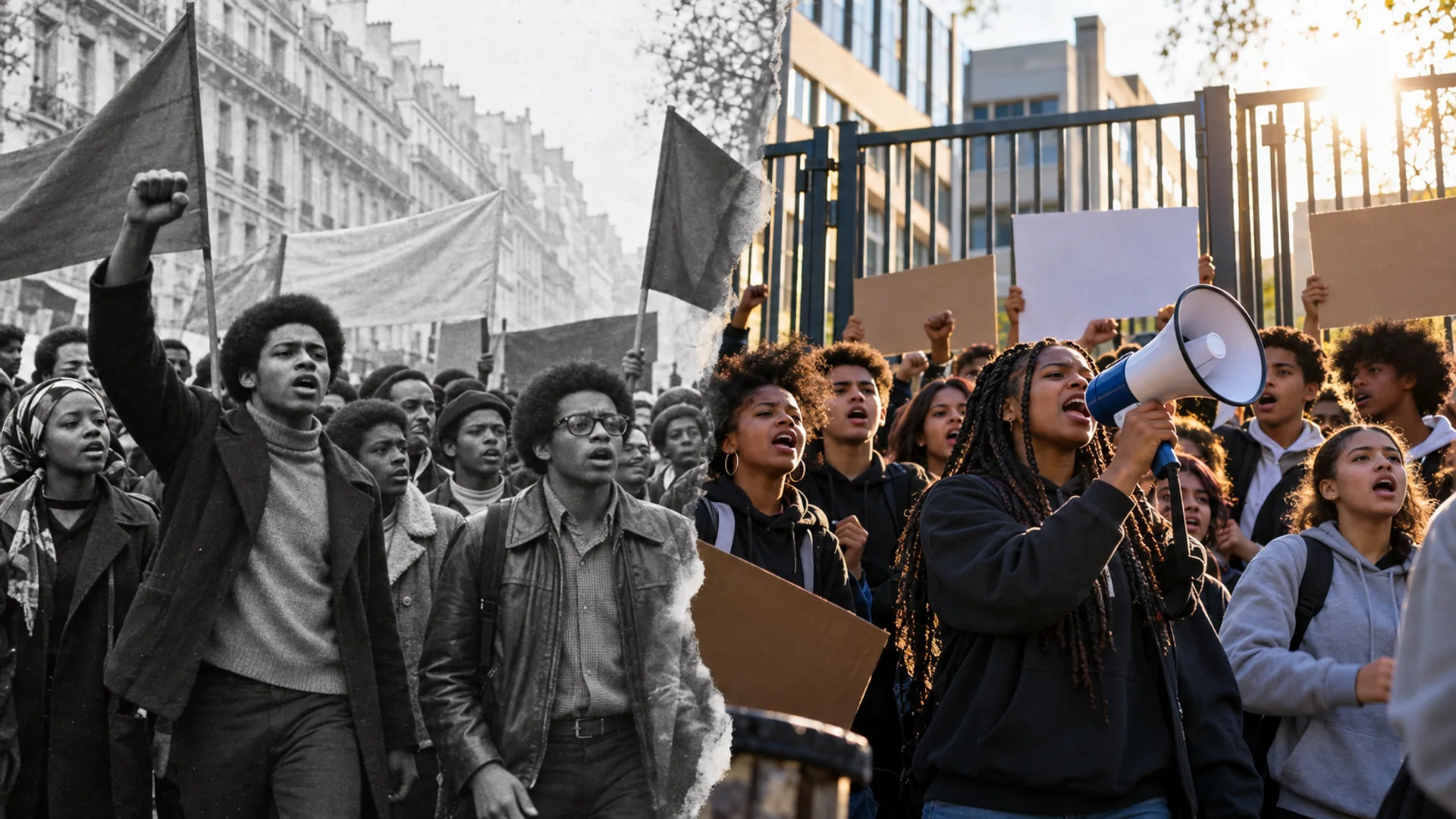 Diptyque reliant une mobilisation étudiante afro-caribéenne de 1973 à un blocus lycéen contemporain.