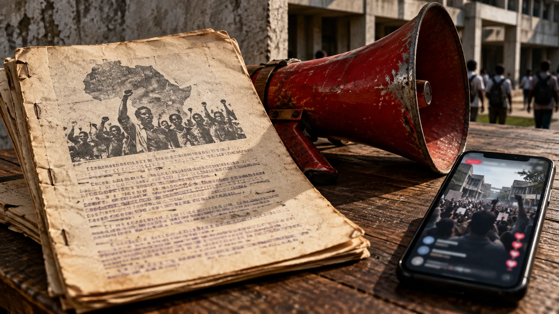 Un manifeste étudiant africain ancien, un mégaphone rouge et un direct de mobilisation lycéenne contemporaine.